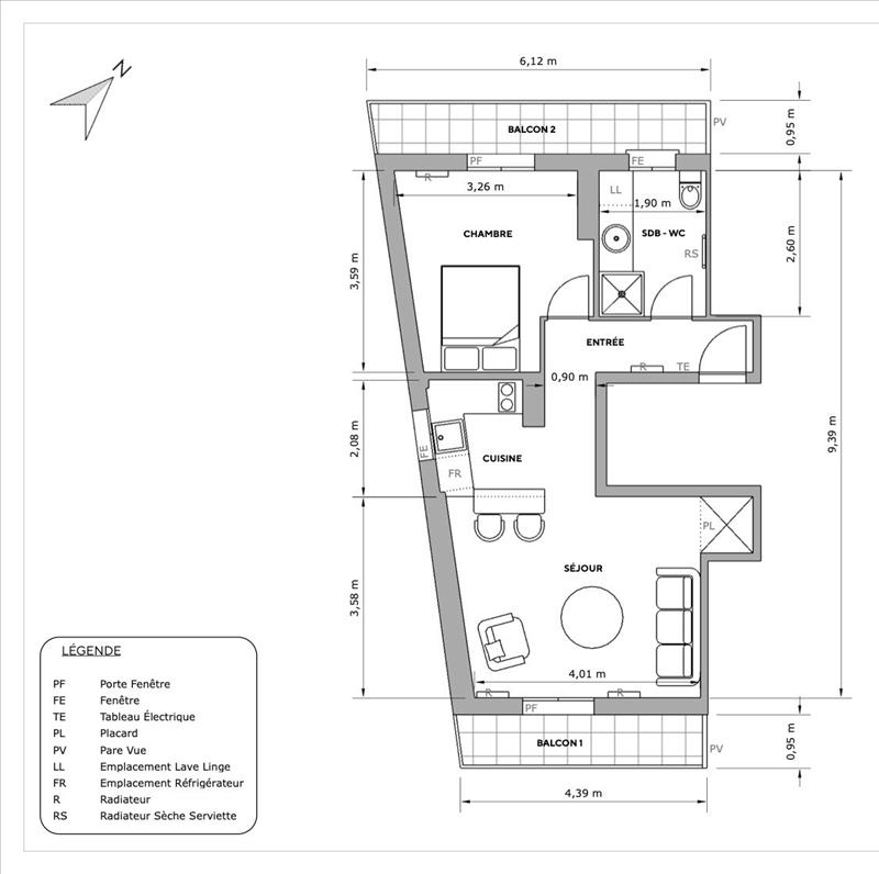 Appartement - 3ème étage - 41 m2 - 2 pièces - Meublé